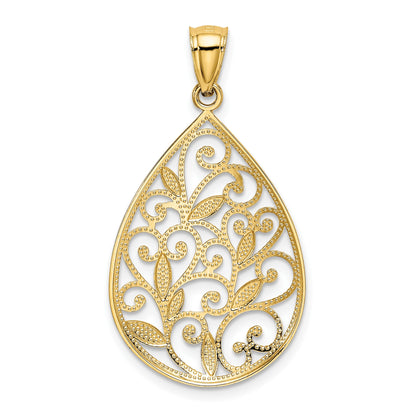 14K Polished and Textured Filigree Teardrop Pendant