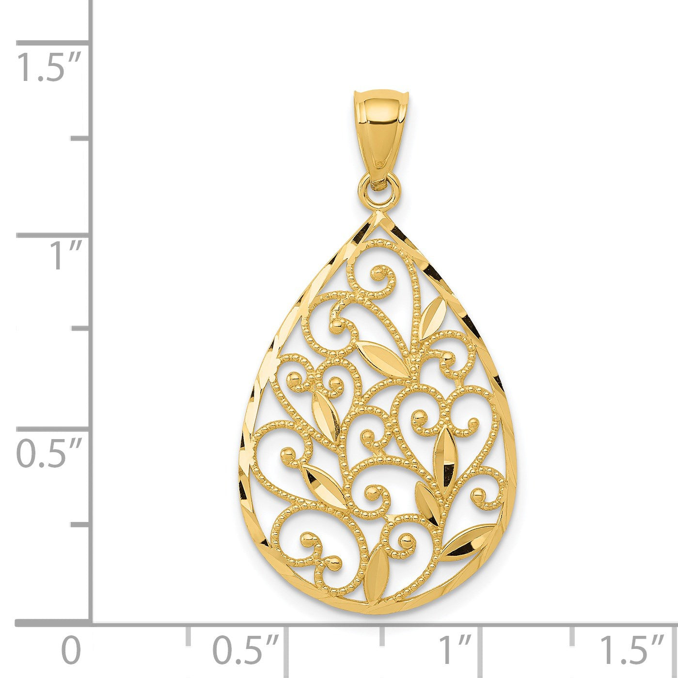 14K Polished and Textured Filigree Teardrop Pendant