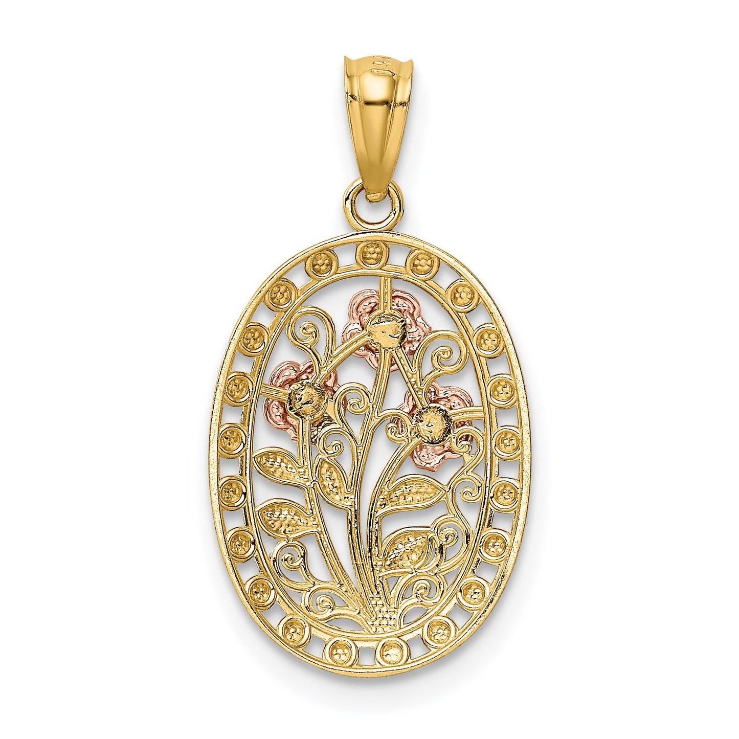 14k Yellow and Rose Gold with White Rhodium Oval 3 Rose Pendant