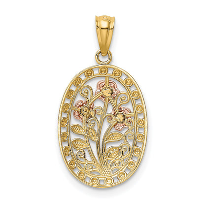 14k Yellow and Rose Gold with White Rhodium Oval 3 Rose Pendant