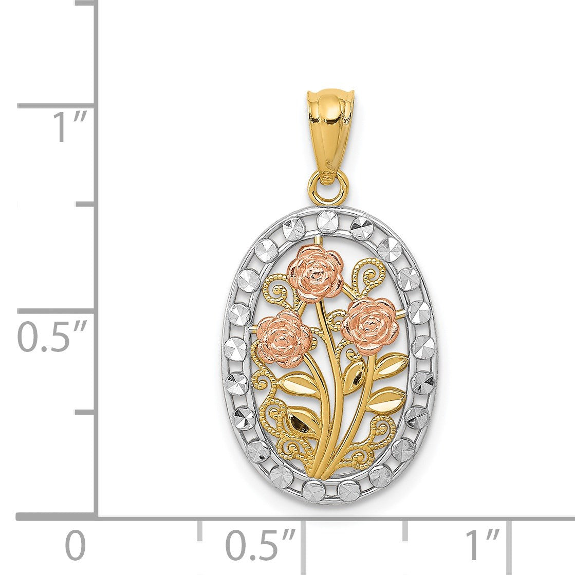 14k Yellow and Rose Gold with White Rhodium Oval 3 Rose Pendant