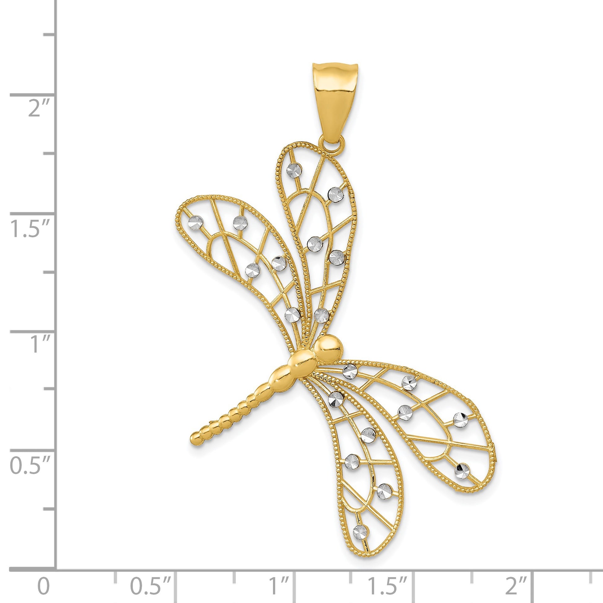 14k and White Rhodium Polished Diamond-cut Filigree Dragonfly Pendant