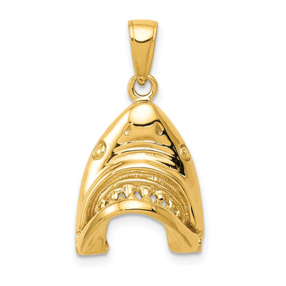 14K Gold Polished 2-D Jaws Shark Head Mouth Opens Pendant