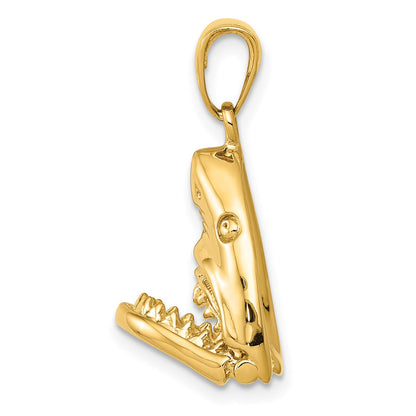 14K Gold Polished 2-D Jaws Shark Head Mouth Opens Pendant