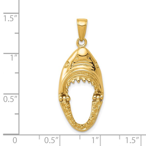 14K Gold Polished 2-D Jaws Shark Head Mouth Opens Pendant
