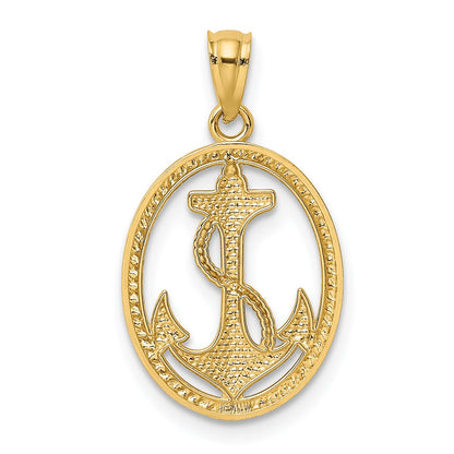 14k Gold Polished Anchor with Rope Oval Pendant