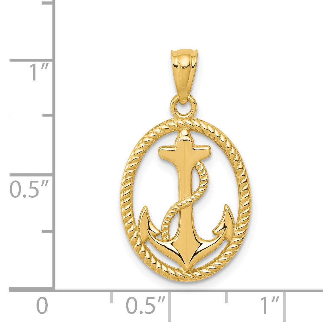 14k Gold Polished Anchor with Rope Oval Pendant
