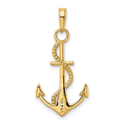 14K Gold Polished Anchor with Rope Pendant
