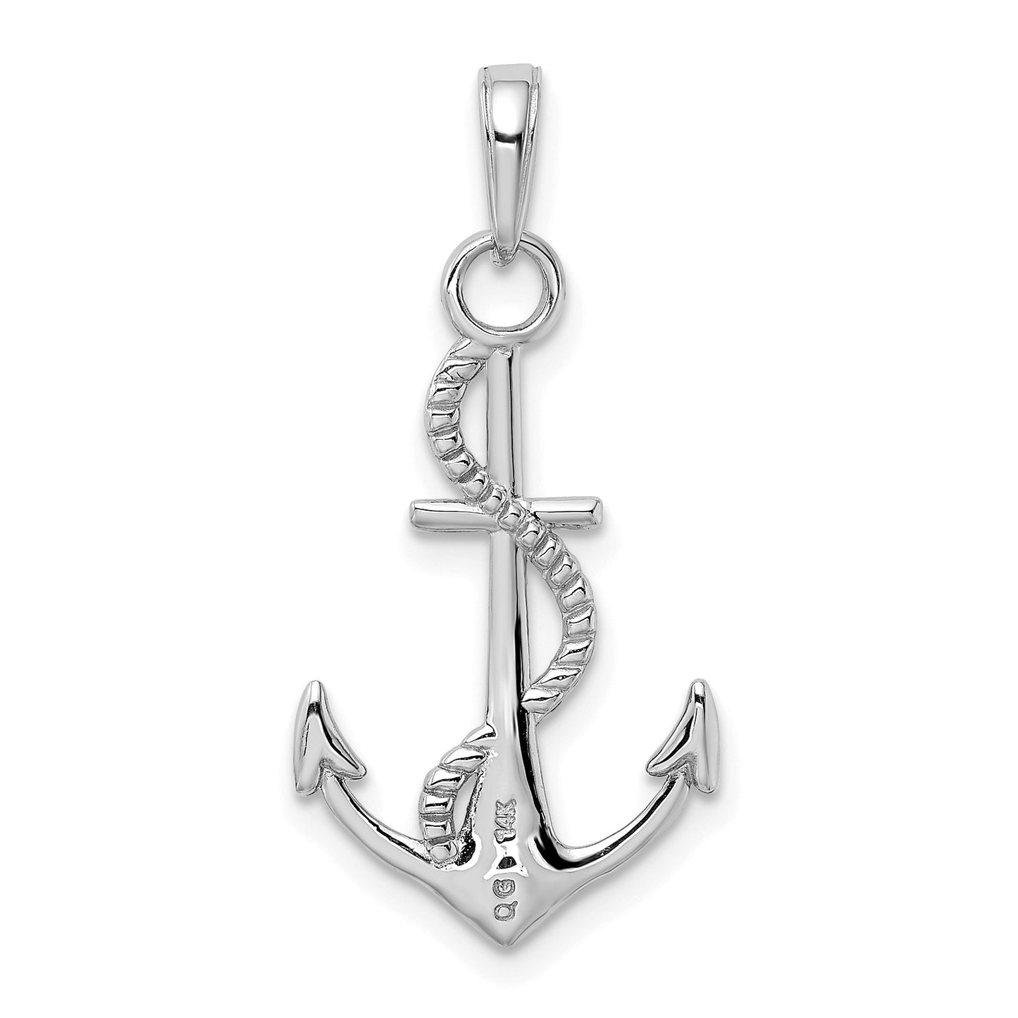 14K White Gold Polished Anchor with Rope Pendant