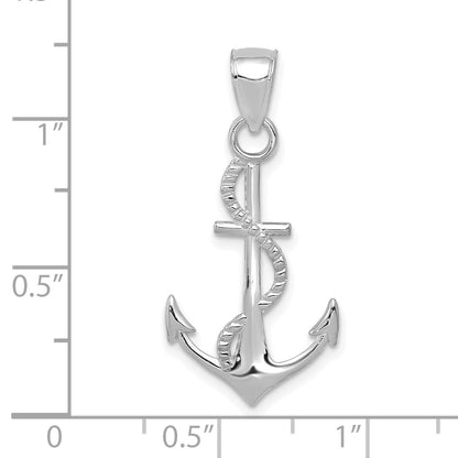 14K White Gold Polished Anchor with Rope Pendant