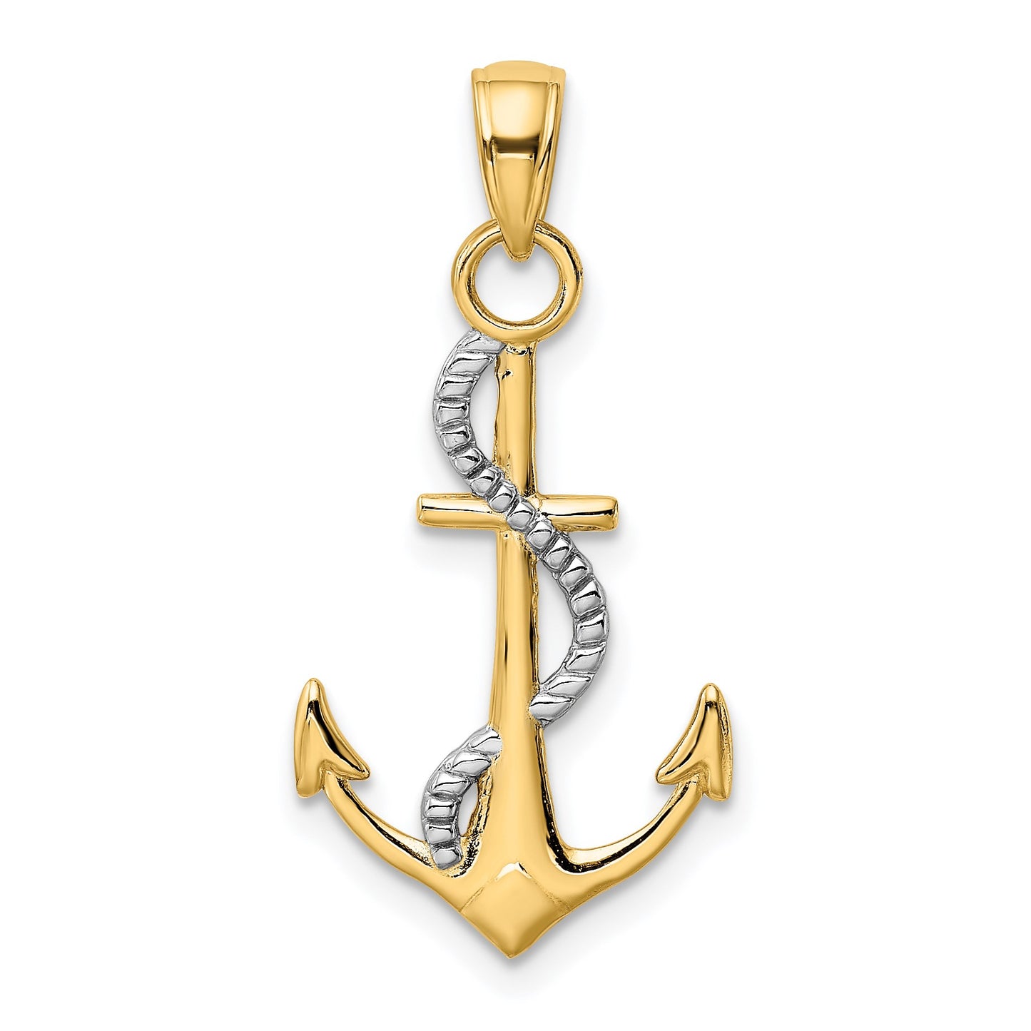 14K Two-tone Polished Anchor with Rope Pendant