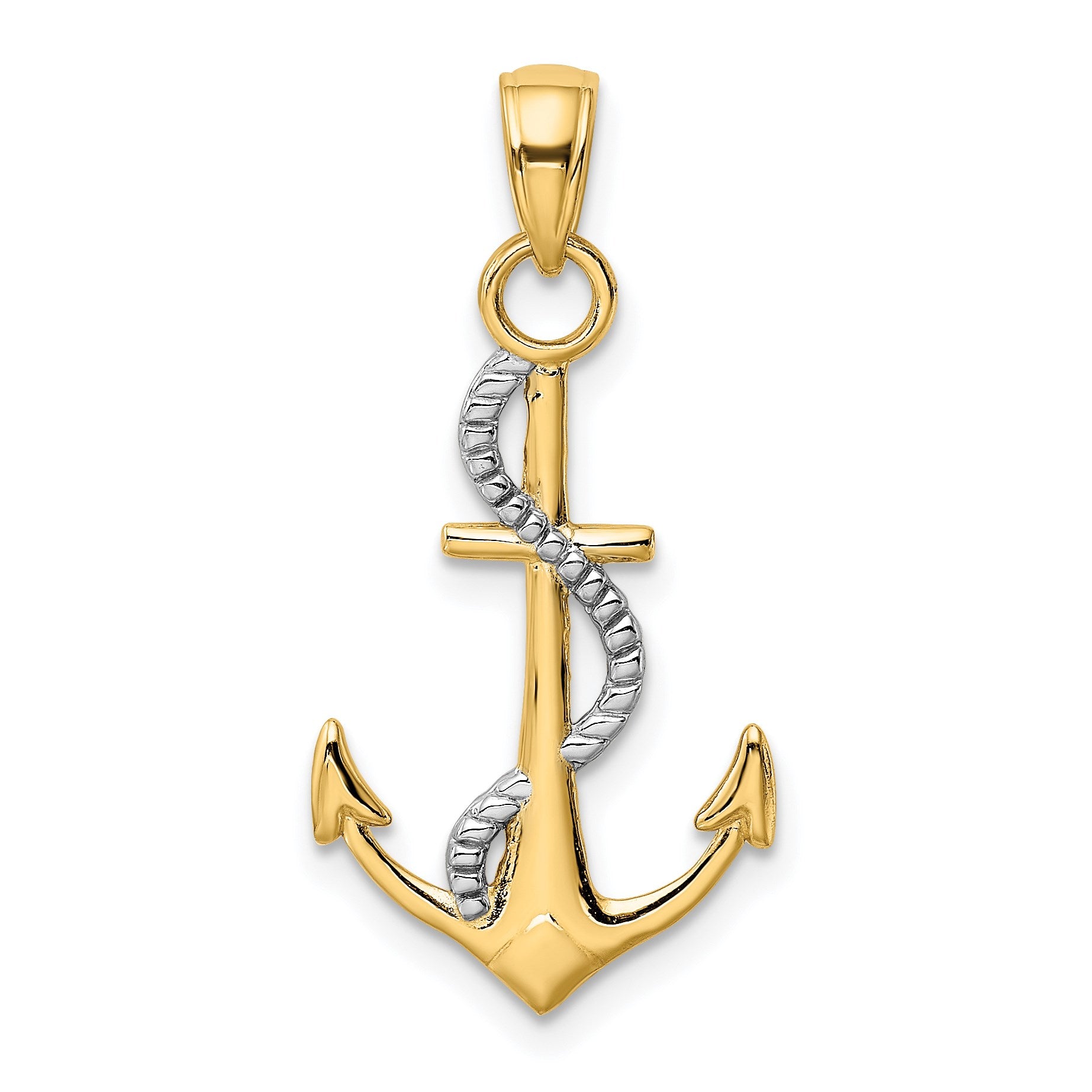 14K Two-tone Polished Anchor with Rope Pendant