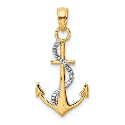14K Two-tone Polished Anchor with Rope Pendant
