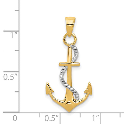 14K Two-tone Polished Anchor with Rope Pendant
