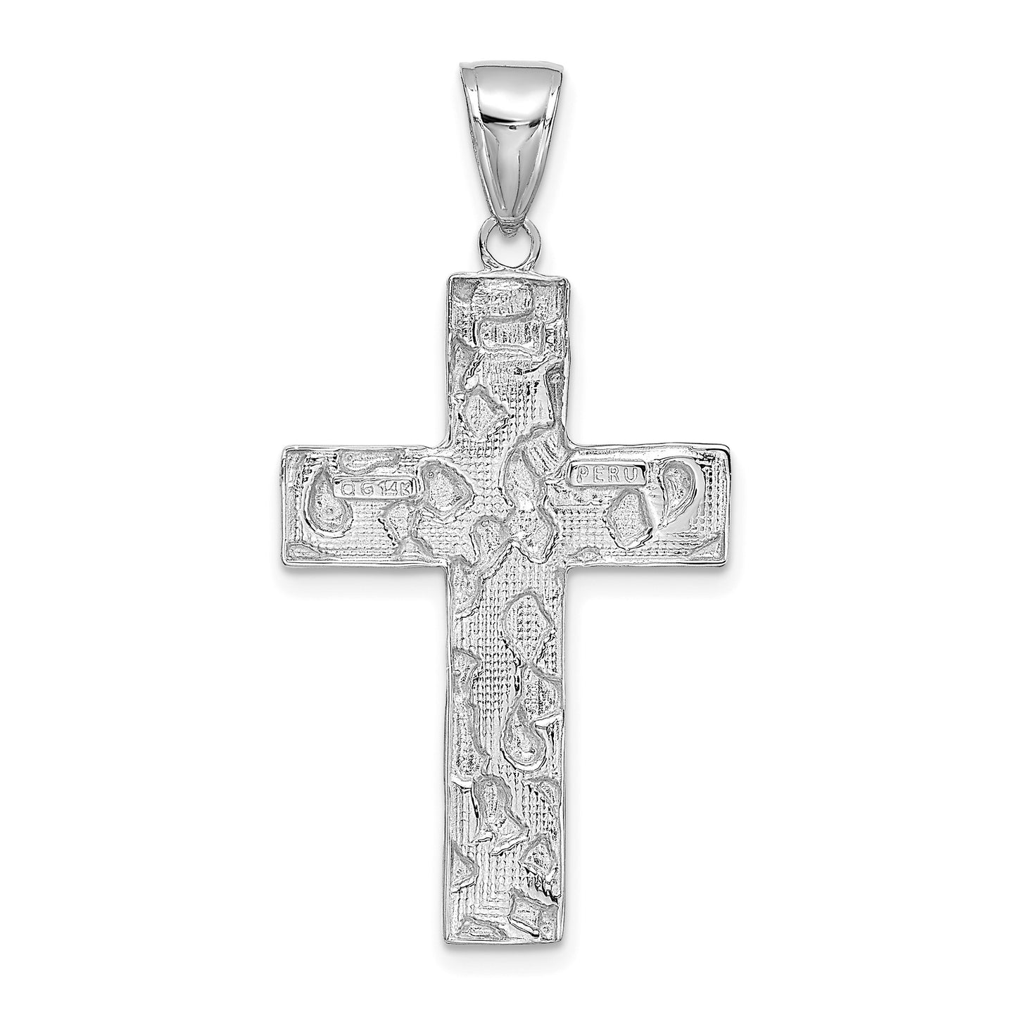 14K White Gold Polished Textured Nugget Style Cross Pendant