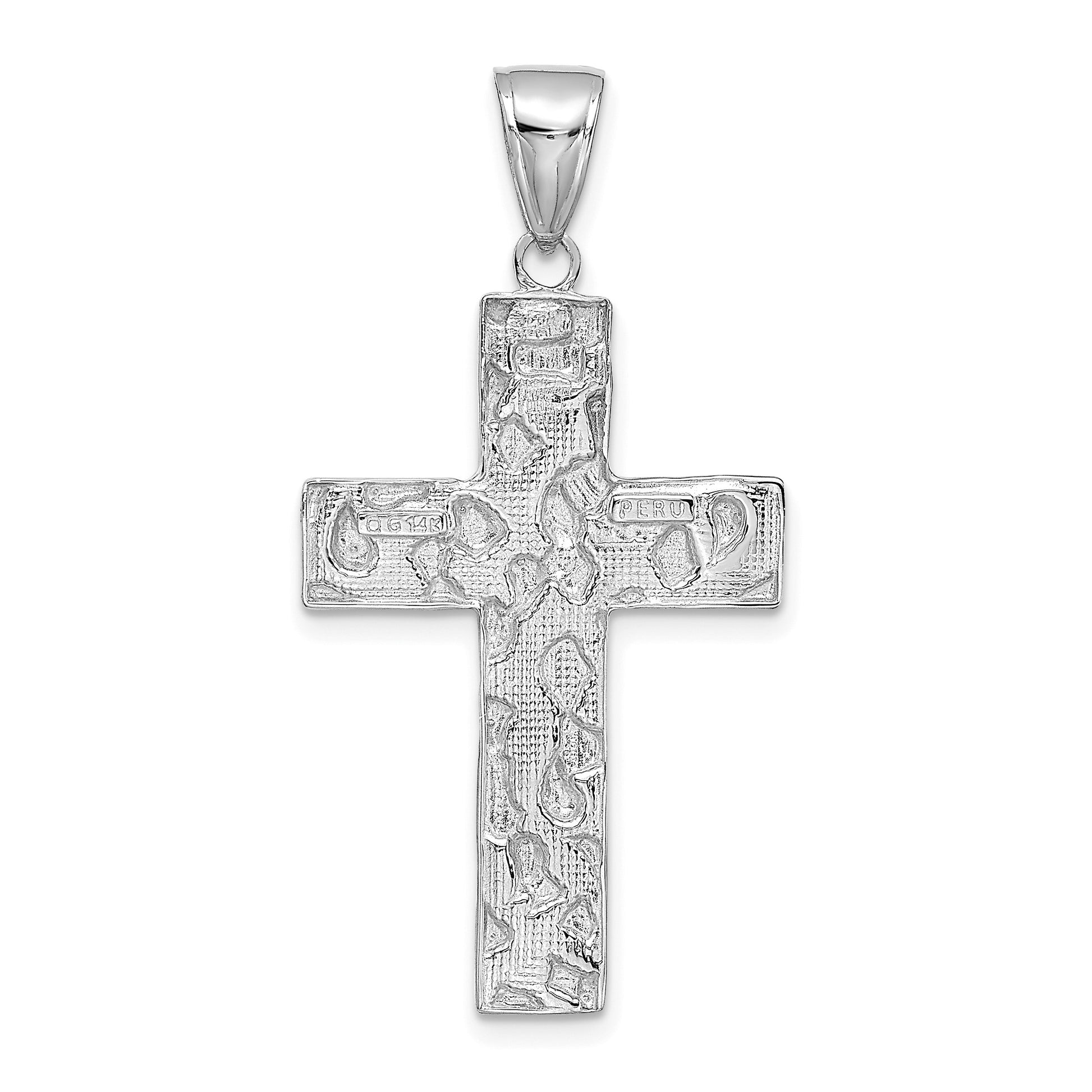 14K White Gold Polished Textured Nugget Style Cross Pendant
