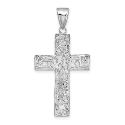 14K White Gold Polished Textured Nugget Style Cross Pendant