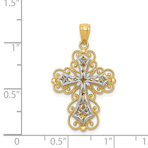 14K Two-tone Polished 2-Level Filigree Cross Pendant