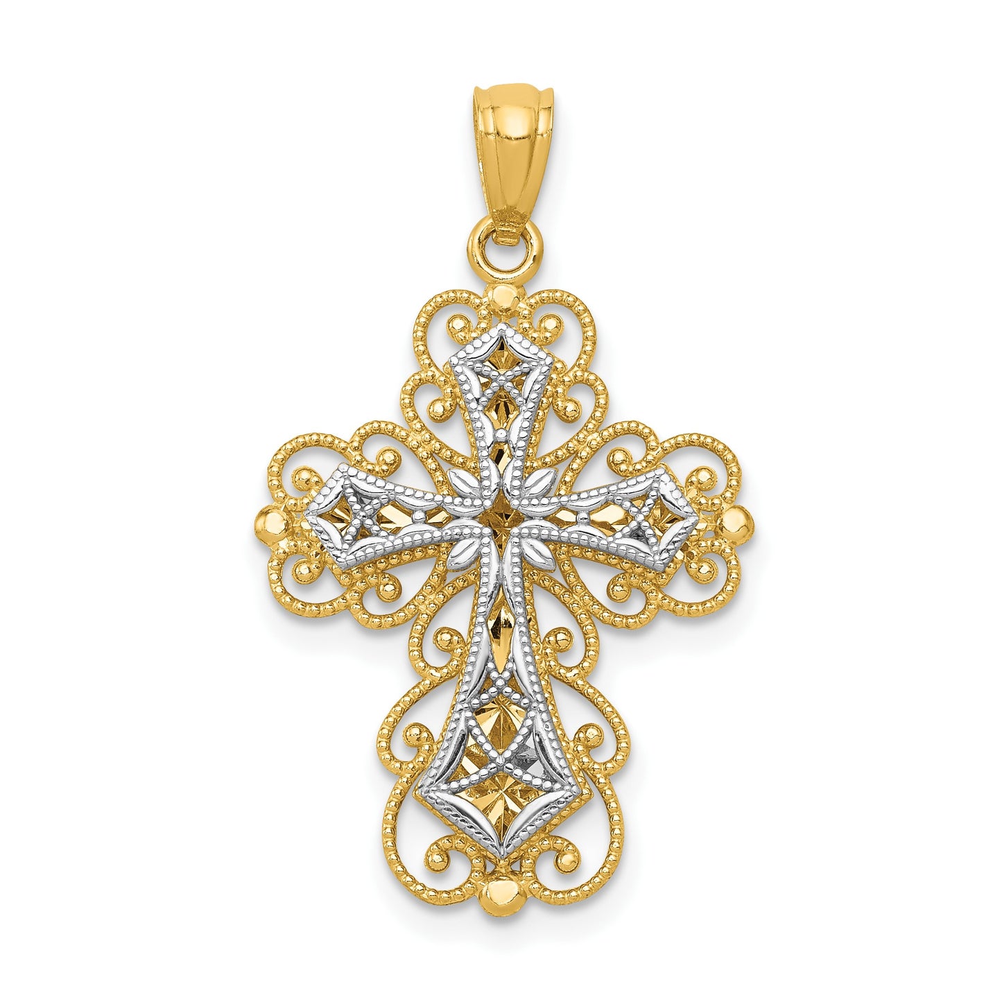 14K Two-tone Polished 2-Level Filigree Cross Pendant