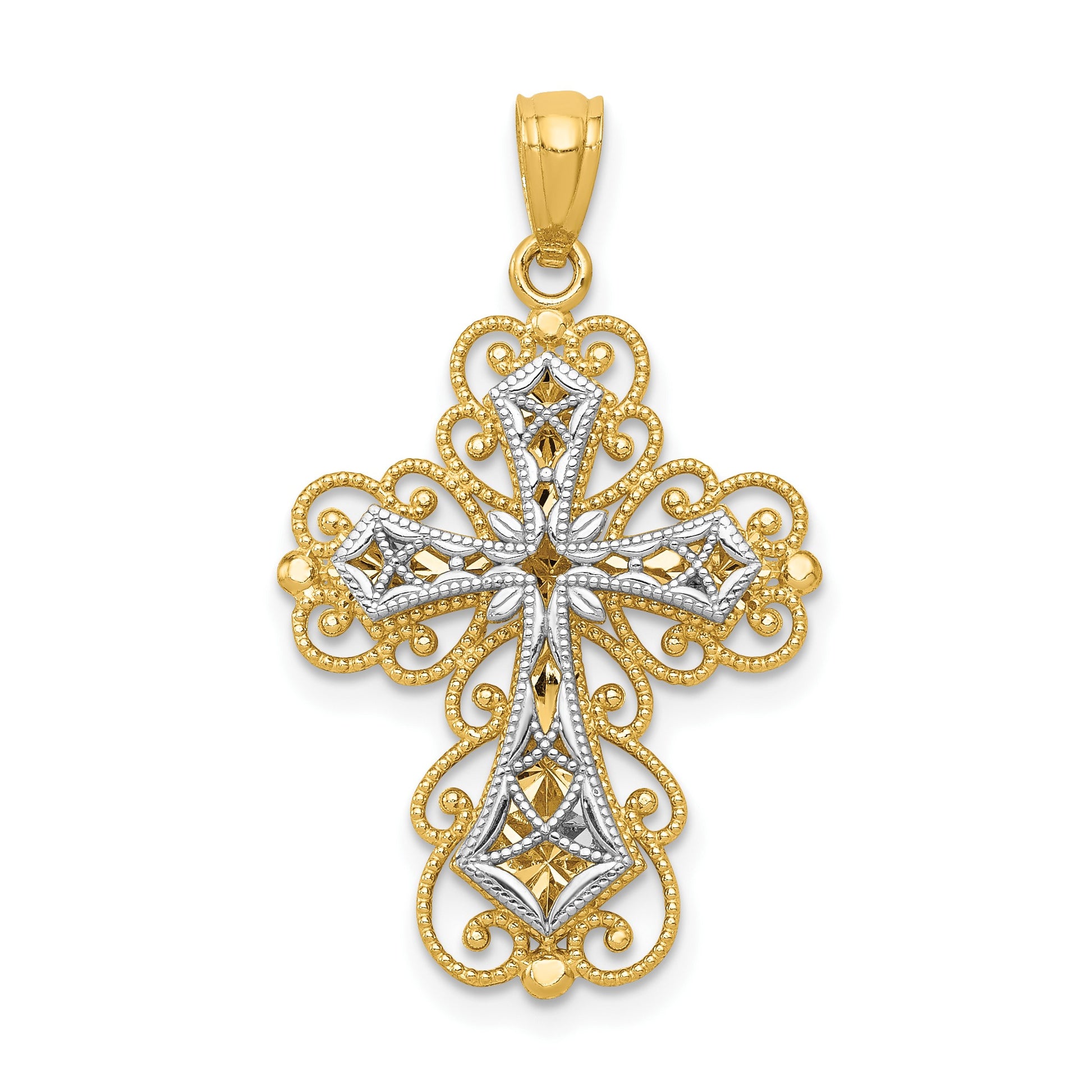 14K Two-tone Polished 2-Level Filigree Cross Pendant