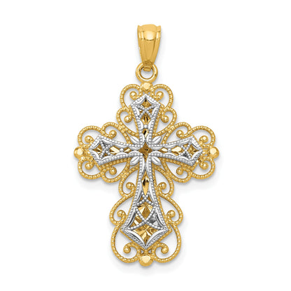 14K Two-tone Polished 2-Level Filigree Cross Pendant
