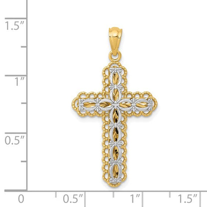 14K Two-tone Polished 2-Level Filigree Cross Pendant