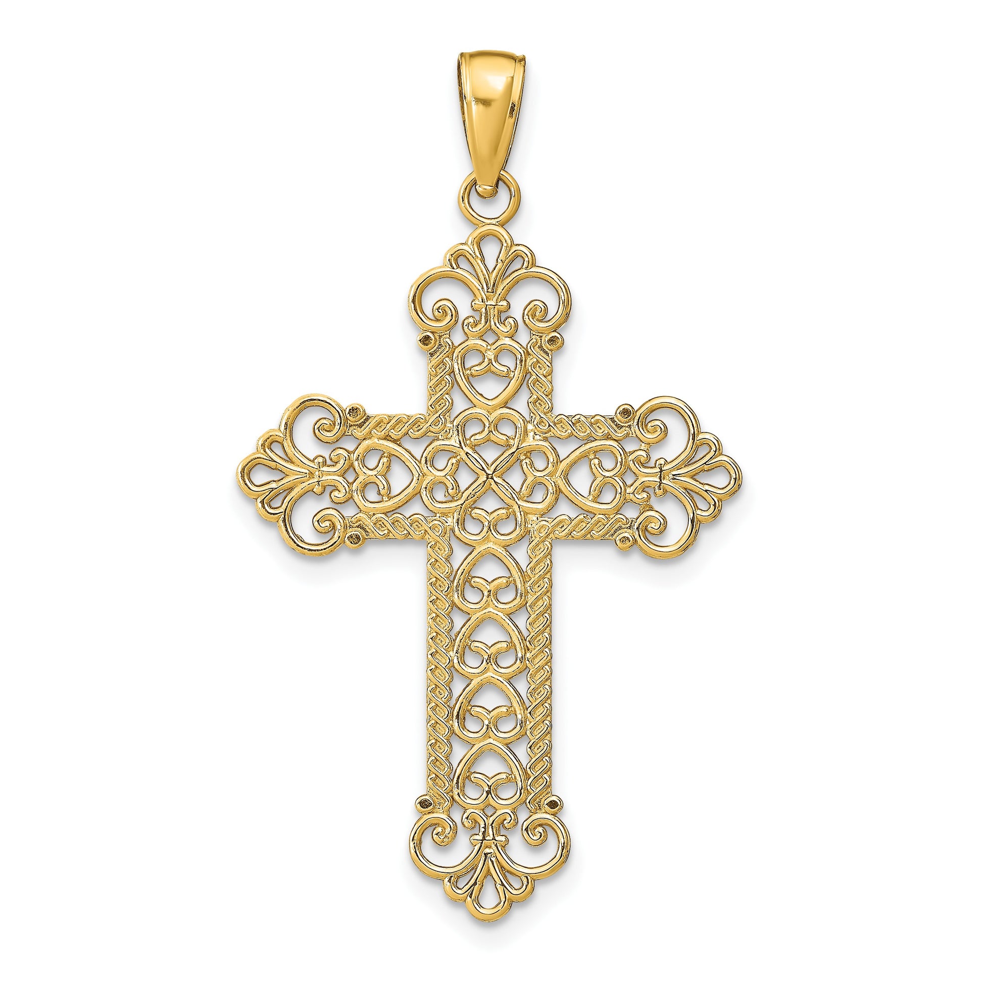 14K Polished Large Rope Frame Filigree Cross Pendant