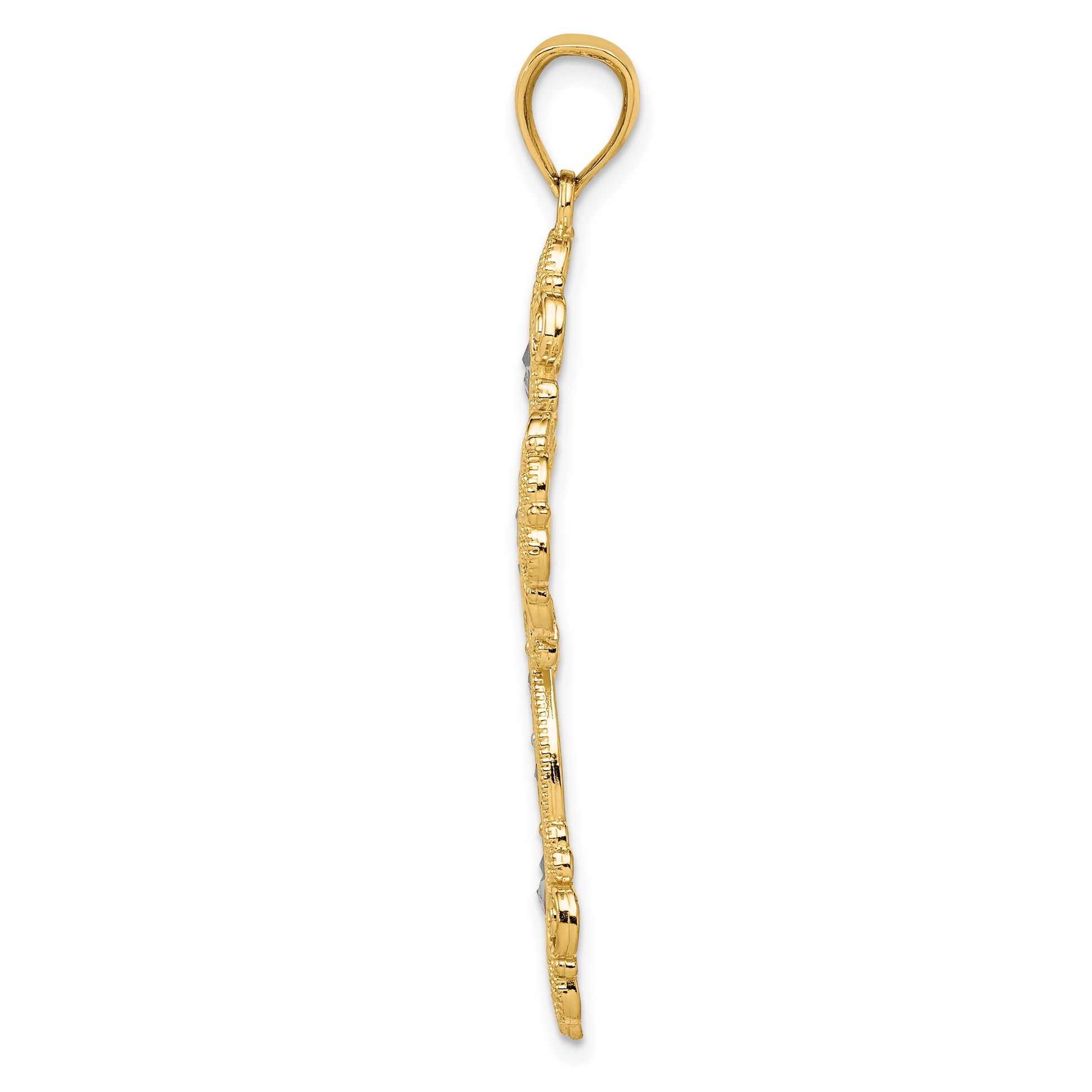 14K and White Rhodium Polished Textured Diamond-Pattern Cross Pendant