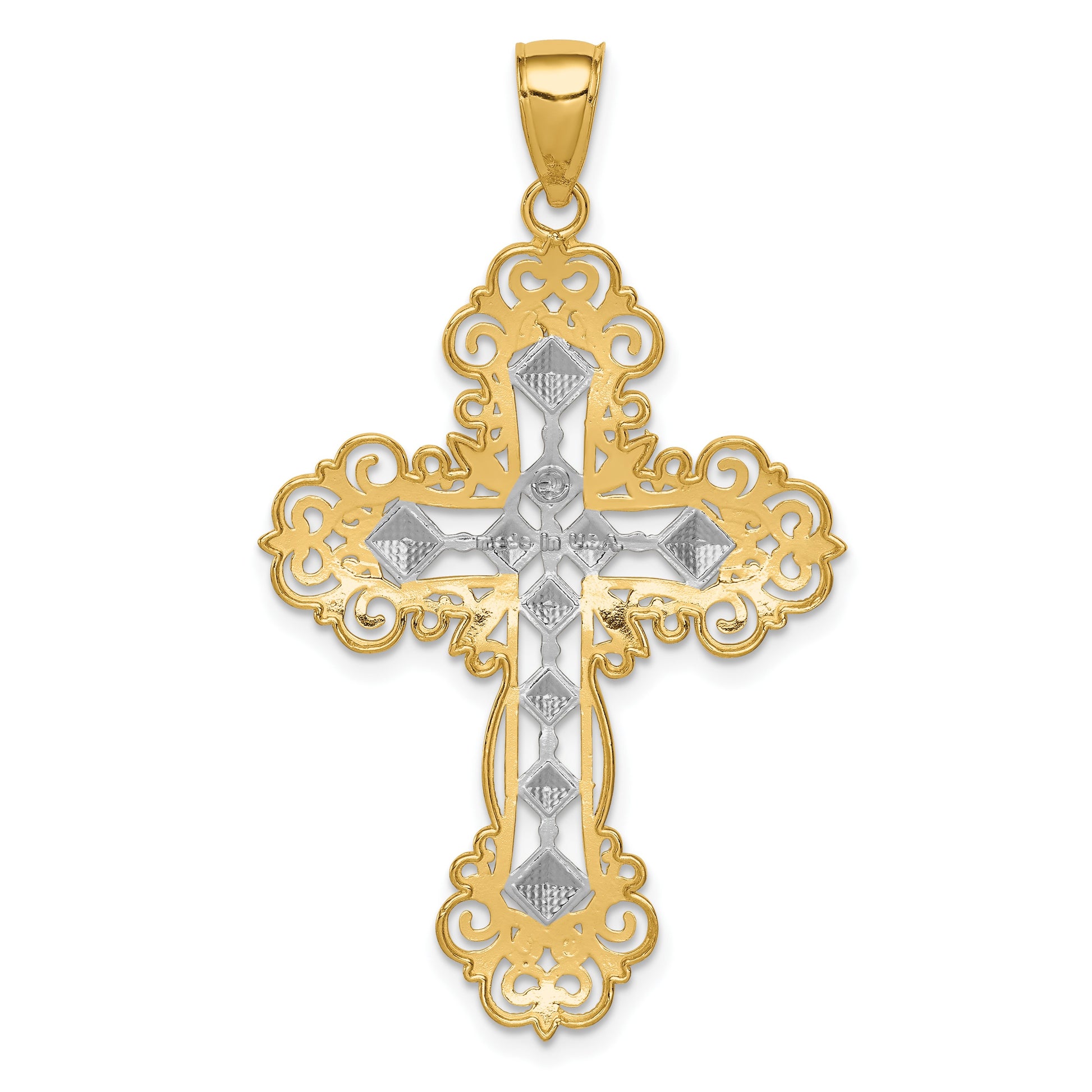 14K and White Rhodium Polished Textured Diamond-Pattern Cross Pendant