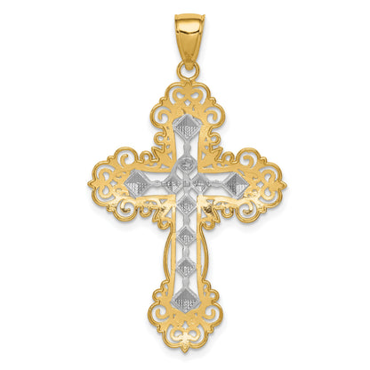 14K and White Rhodium Polished Textured Diamond-Pattern Cross Pendant