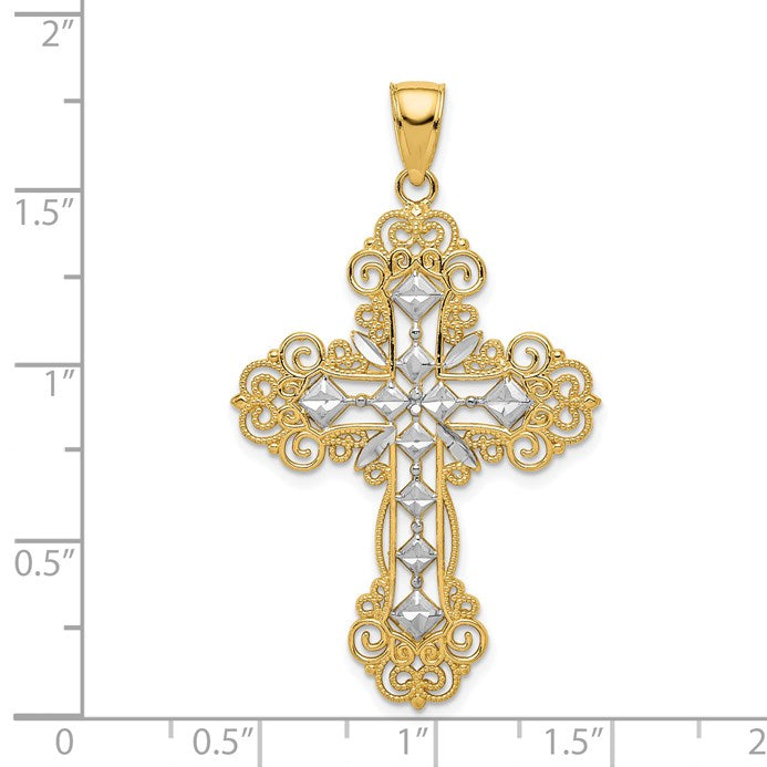 14K and White Rhodium Polished Textured Diamond-Pattern Cross Pendant