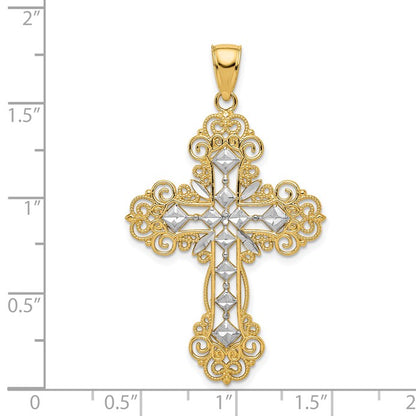 14K and White Rhodium Polished Textured Diamond-Pattern Cross Pendant