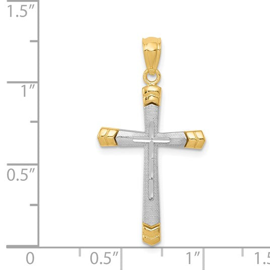 14K Two-tone Polished Diamond-cut Cross Pendant