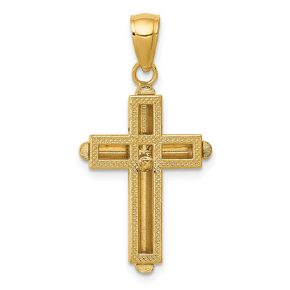 14K Polished Beveled Stick Cross with Frame Pendant