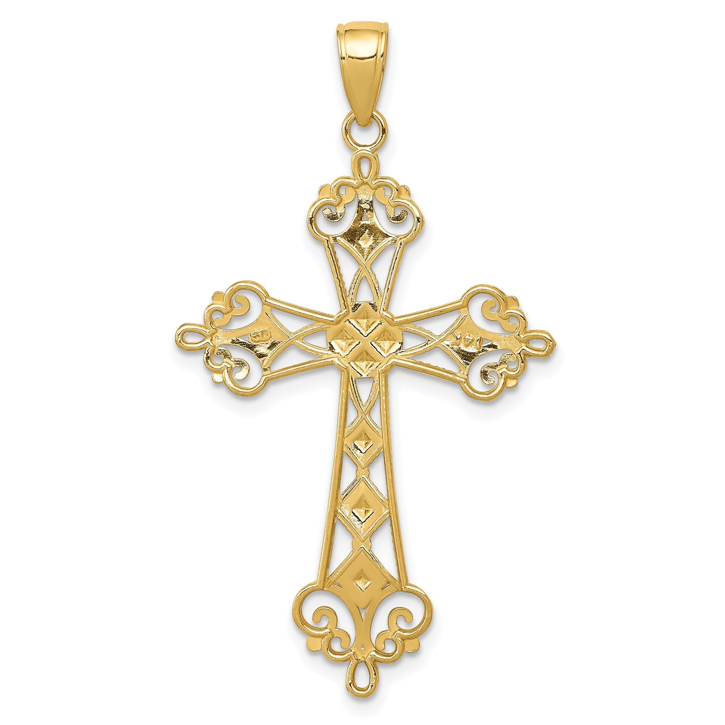 14K and White Rhodium Polished Diamond-Cut Cut-Out Cross Pendant