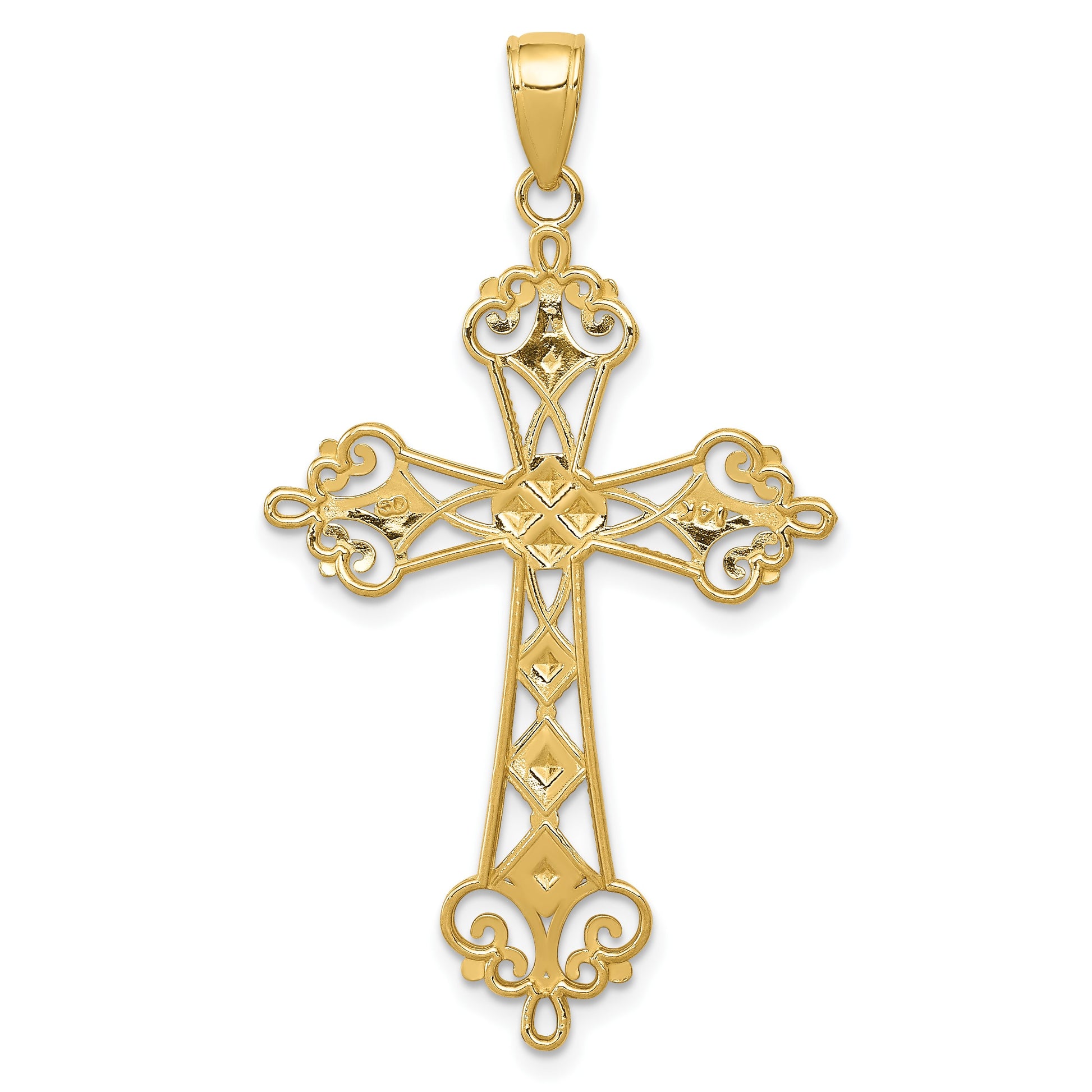 14K and White Rhodium Polished Diamond-Cut Cut-Out Cross Pendant