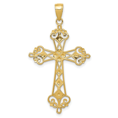 14K and White Rhodium Polished Diamond-Cut Cut-Out Cross Pendant
