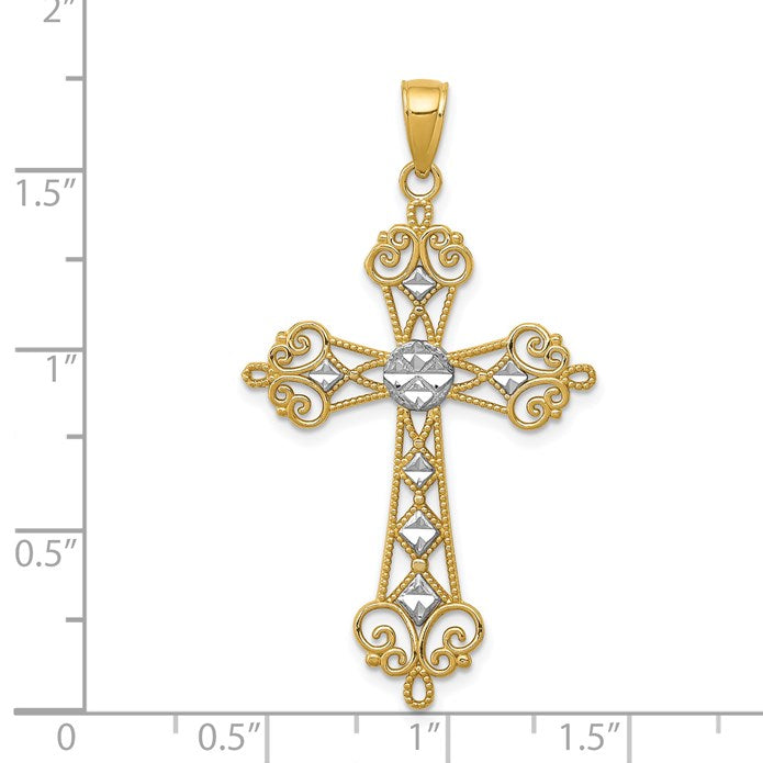 14K and White Rhodium Polished Diamond-Cut Cut-Out Cross Pendant