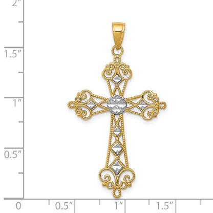 14K and White Rhodium Polished Diamond-Cut Cut-Out Cross Pendant