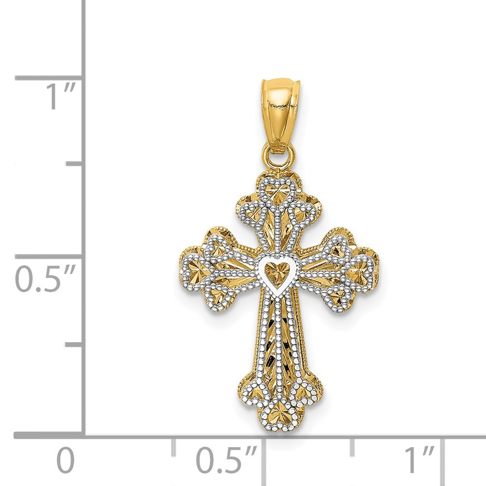 14K Two-tone Polished Filigree 2 Level Heart Cross Pendant