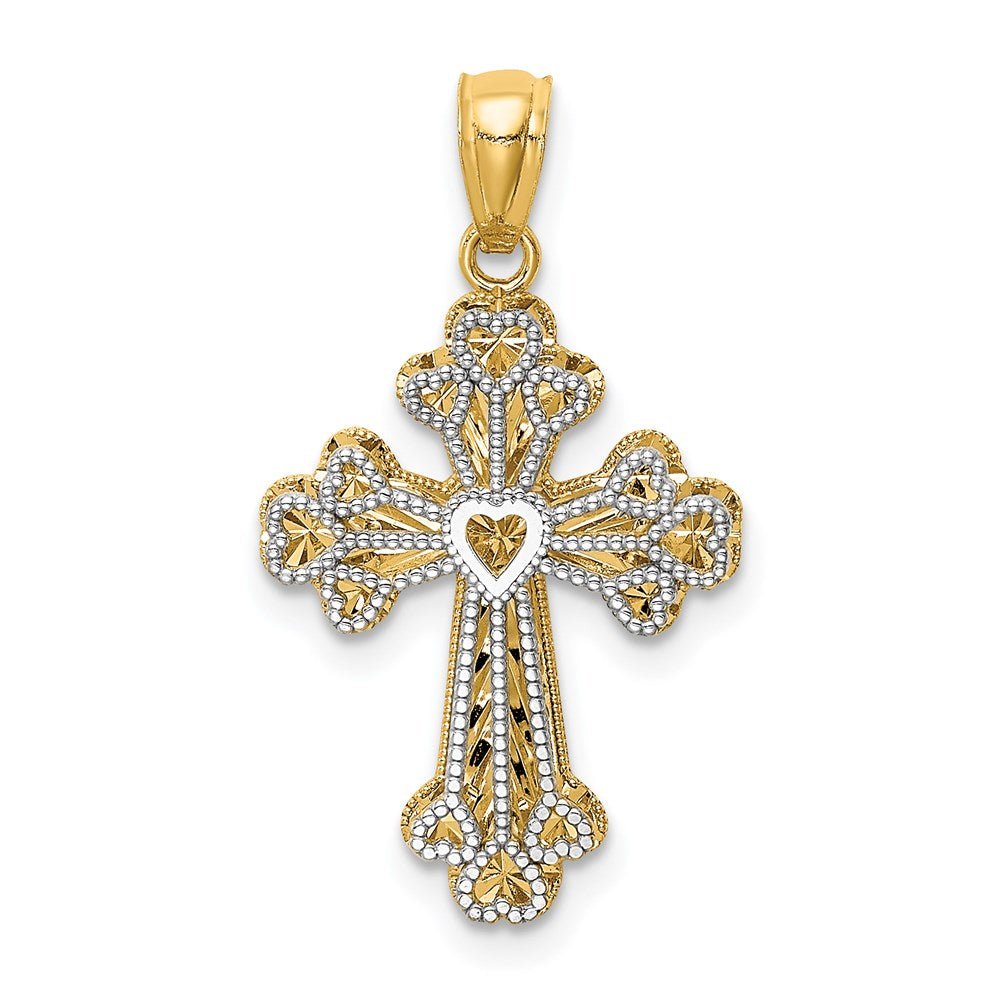 14K Two-tone Polished Filigree 2 Level Heart Cross Pendant