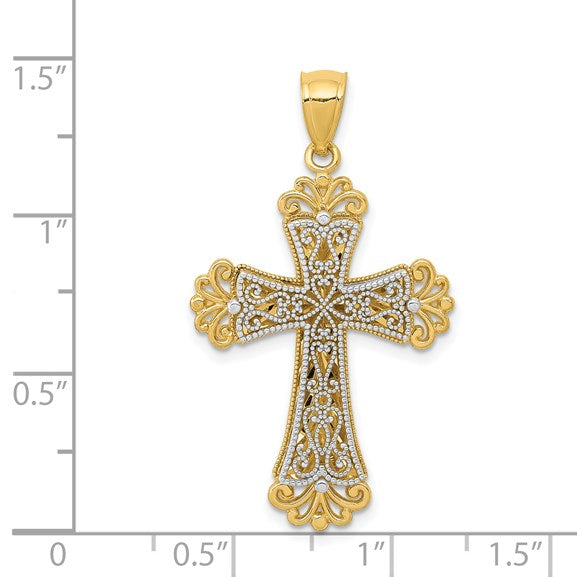 14K Two-tone Polished 2-Level Fleur de Lis Cross Pendant