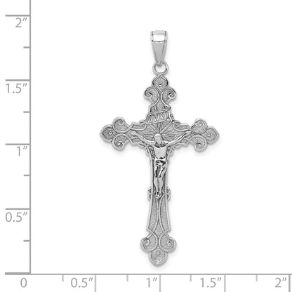 14K White Gold Polished Textured INRI Crucifix Fleur de Lis Pendant