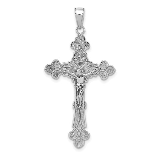 14K White Gold Polished Textured INRI Crucifix Fleur de Lis Pendant