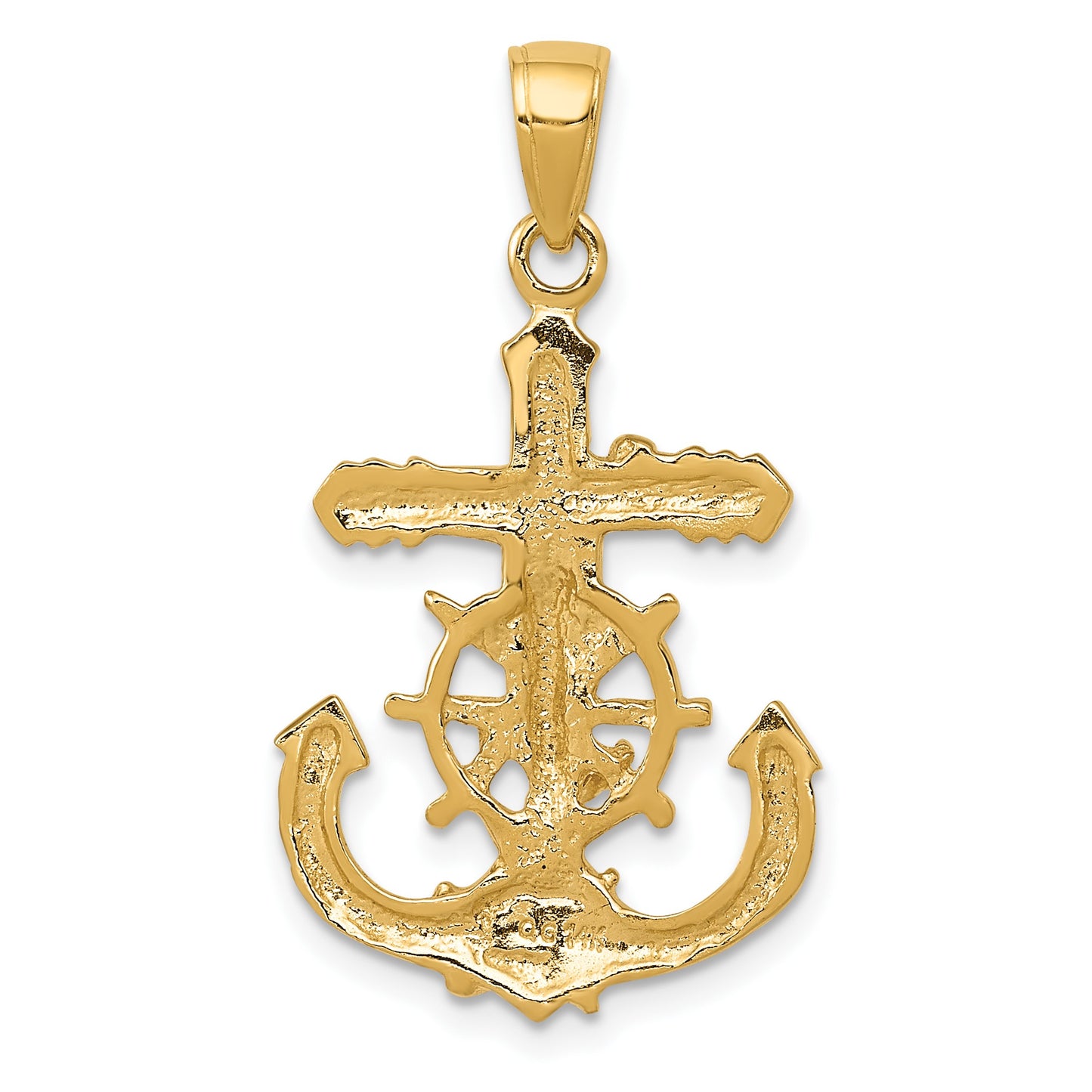 14K Polished Textured Mariners Crucifix with Rope and Wheel Pendant