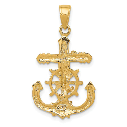 14K Polished Textured Mariners Crucifix with Rope and Wheel Pendant