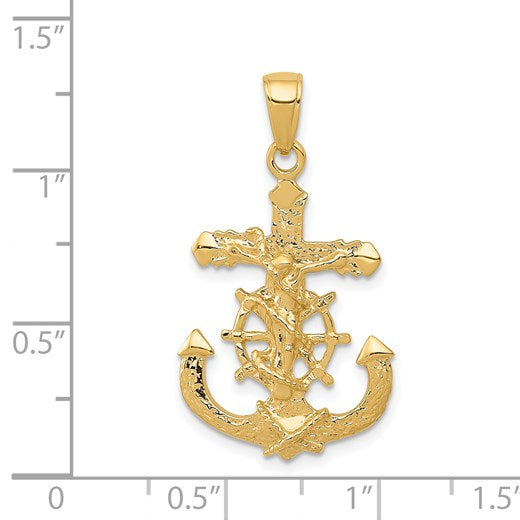 14K Polished Textured Mariners Crucifix with Rope and Wheel Pendant