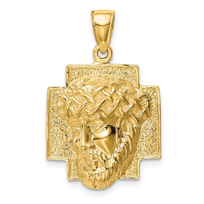 14K Gold Polished Large Jesus Head With Crown Pendant