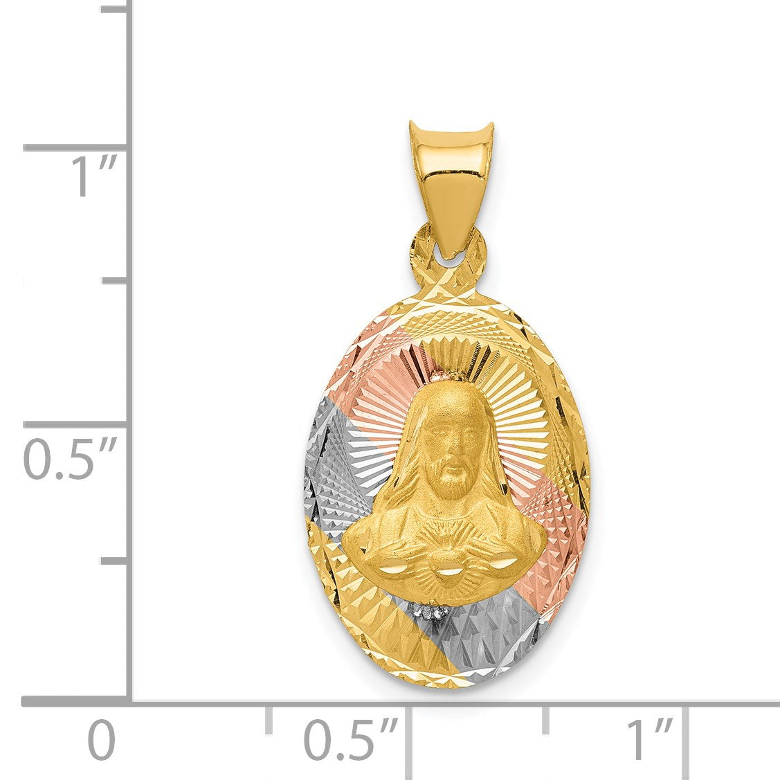 14K with Rose and White Rhodium Diamond-cut Solid Sagrado Corazon de Jesus Oval Pendant