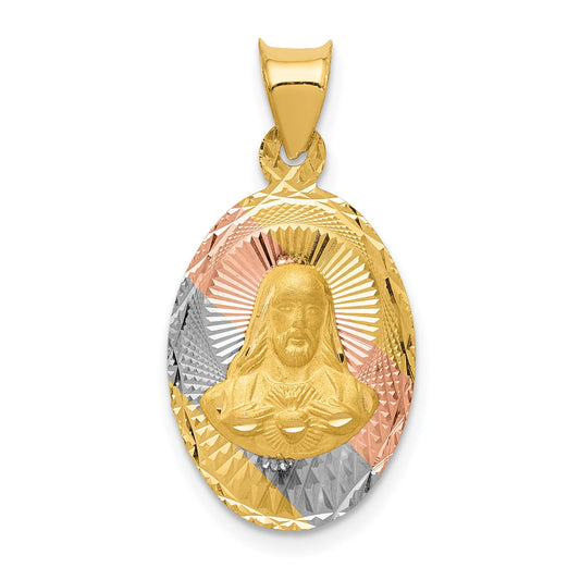 14K with Rose and White Rhodium Diamond-cut Solid Sagrado Corazon de Jesus Oval Pendant